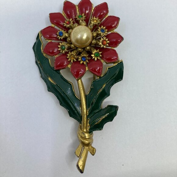 Vtg 1940 CORO pewter enamel flower daisy brooch - Picture 1 of 3